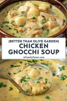 chicken gnocchi soup in a brown bowl with a spoon on the side and text overlay that reads better than olive garden chicken gnocchi soup