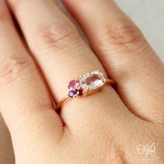 Rose Gold Pink Morganite Cluster Ring - Tourmaline, Amethyst, Red Ruby Cluster - 10kt Rose Gold Pretty pink morganite gemstone cluster ring, with a soft pink hue and pops of jewel tones. - - - - - - - - - - - - - - - - - - - - - - - - - - - - - - - - - - - - - - - - - - - - - - - - - - - - - - - - - - - - Stones and Sizes: 7x5mm Oval Baby Pink Morganite, 3mm Round Pink Tourmaline, 2mm Round Purple Amethyst, 2mm Round Red Ruby Setting: 10kt Solid Rose Gold Band: ~1.60mm wide - half rounded band - Pink Sapphire Multi-stone Jewelry For Gifts, Multi-stone Pink Sapphire Jewelry For Gifts, Rose Gold Multi-stone Pink Sapphire Jewelry, Rose Gold Multi-stone Jewelry With Pink Sapphire, 14k Rose Gold Sapphire Gemstone Ring Gift, 14k Rose Gold Sapphire Ring Gift, Pink Sapphire Ruby Ring With Multi-stone For Gift, Fine Jewelry Morganite Multi-stone, Fine Morganite Multi-stone Jewelry