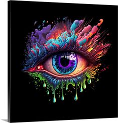 an eye with colorful paint splattered all over it's face and eyes