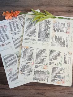 two pages of bible paper with flowers on them