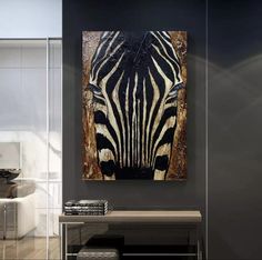 a zebra's head is shown in this modern living room