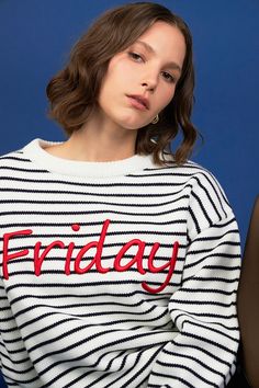 Stay cozy and stylish all winter long with our Friday Lettering Sweater. Made from a quality knit fabric, this sweater offers comfort and warmth without compromising on style. The chic stripe design adds a pop of pattern, while the classic round neckline and long sleeves keep it versatile and easy to layer. Perfect for both casual and dressy occasions, this sweater is a must-have in your wardrobe. Upgrade your sweater game now and add the Friday Lettering Sweater to your collection! Knit fabric Embroidered Lettering, Wardrobe Upgrade, Stay Cozy, The Chic, Stripes Design, Round Neckline, Knit Fabric, Knitted Fabric, Must Haves