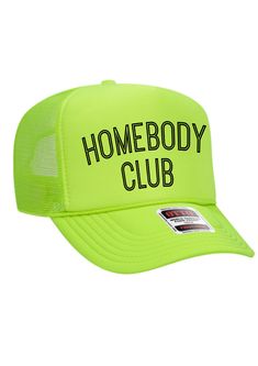 Stay cool and stylish in our Homebody Club Trucker Hat. Its 5 panel high crown hat design and mesh back provide maximum breathability. The OTTO CAP quality, you'll never have to sacrifice comfort for fashion again! Brand OTTP CAP 5 Panel High Crown Mesh Back Trucker Hat Product Description 100% Polyester Front 100% Polyester Mesh Back The Traditional Look 5-panel cap Seamless Foam Front Panel with Lining Matching Color Braid 8 Rows Stitching on Visor Matching Fabric Undervisor Matching Color Sweatband Plastic Adjustable Snap OSFM - Adult (6 1/2 - 7 5/8) Crown Height - Adult Low Profile: 8.25 cm - 8.4 cm / 3.2" - 3.3" Standard Mid Profile: 8.6 cm / 3.4" Foam Front Mid Profile: 9.5 cm / 3.7" Foam Front High Crown: 10 cm / 4" Homebody Club, Thread Wallets, Personalized Hats, Crown Hat, Crown Heights, Bath Candles, Hat Design, Stay Cool, Neon Green