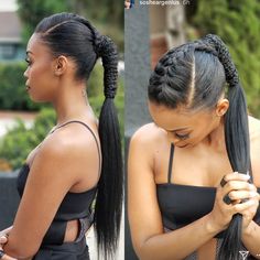 One Braid Hairstyles For Black Women, Creative Ponytails For Black Women, Low Braided Ponytail For Black Women, High Ponytail Cornrows, Ponytail With Braids, Pretty Ponytails, Weave Ponytail Hairstyles, Sleek Ponytail Hairstyles