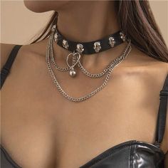 Noir Punk: Skulls and PU Tassel Necklace-Fashion Necklaces-StylinArts Edgy Cheap Choker For Festival, Cheap Punk Necklaces For Concerts, Cheap Punk Festival Choker, Black Leather Choker, Wholesale Necklaces, Leather Choker Necklace, Heart Chain, Layered Chains, Leather Chokers