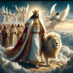 an image of jesus and the lion surrounded by angel's in the sky with clouds