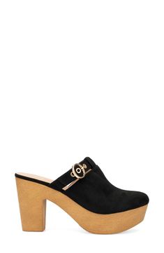 A slender buckle accents the opening of a platform heeled clog for a sleek look. 4" heel Textile upper, lining and sole Imported Platform Clogs, Clog Heels, New York And Company, Womens Clogs, Sleek Look, Platform Heels, Heeled Mules, Mule Shoe, Nordstrom Rack