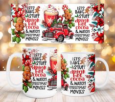 two coffee mugs with christmas themed designs on them, one is red and the other is white