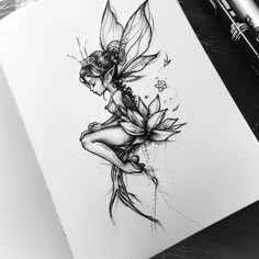 a drawing of a fairy sitting on top of a flower