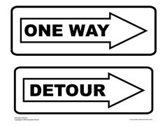 one way detour sign with an arrow pointing to the right and another direction ahead