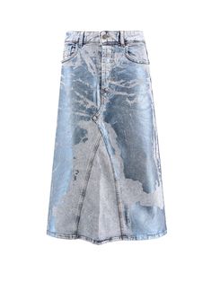 Denim skirt with laminated print- Closure With Buttons- Five Pockets- Frontal Detail With Logo- Stitched Profiles- 99% Cotton 1% Elastane Diesel Women, Blue Skirts, Barbour Steve Mcqueen, Birthday Outfits, Denim Maxi Skirt, Pleats Please Issey Miyake, Mid Length Skirts, Denim Midi Skirt, Denim Design