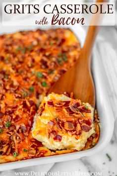 a casserole dish with bacon in it and a wooden spoon on the side