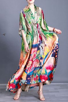 #maxidress #modest #silk #cruisewear Spring Printed Silk Dress, Free Size V-neck Spring Dress, Free Size V-neck Dress For Spring, Free-size V-neck Spring Dress, Spring Free Size Printed Dresses, Multicolor Silk Maxi Dress For Spring, Spring Floral Print Free Size Maxi Dress, Casual Silk Summer Dress, Long Sleeve Silk Dress With Floral Print For Summer