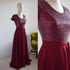 The 'Sara' burgundy gown features a boat neckline. Sequin A-line style supper flattering bodice, and the long floor-length pleated gathered chiffon skirt with matching belt, dress can The gown is fully lined so it is soft and comfortable on the inside. → This Feminine Elegant Dress Can Be Customized For Different Sleeve Length, Neckline Etc. or make other changes to the design/shape and for more extensive design changes Inc. ( Sold Separately ) → Plus Sizing & Maternity Requirements To Accommoda Burgundy Wedding Dress With Sweep Train, Burgundy Evening Dress With Fitted Bodice For Gala, Burgundy Evening Dress For Wedding, Burgundy Evening Dress With Fitted Bodice For Prom, Burgundy Evening Dress For Wedding And Prom, Burgundy Evening Dress For Wedding Or Prom, Burgundy Evening Dress For Wedding And Prom Season, Burgundy Fitted Evening Dress For Wedding, Burgundy Maid Of Honor Dress