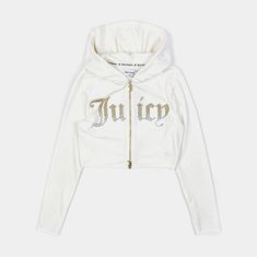 This knit cropped jacket is the epitome of stylish comfort. Embellished with our signature rhinestone logo on the sleeves, you'll be sure to turn heads while keeping cozy White Fitted Trendy Hoodie, Fitted White Hoodie For Winter, Fitted Cropped Winter Sweatshirt, White Cropped Sweatshirt For Streetwear, White Fitted Sweatshirt For Loungewear, Fitted White Hoodie For Fall, Fitted White Sweatshirt For Loungewear, Trendy Fitted White Sweatshirt, White Fitted Sweatshirt For Streetwear