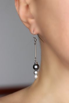 Gray White Pearl Beads Earrings Long Pearl Cone Earrings Stick - Etsy Cheap Silver Crystal Earrings With Dangling Beads, Elegant Cheap Glass Beaded Earrings, Affordable Long Drop Beaded Earrings With Dangling Beads, Pearl Earrings Diy Ideas, Elegant Gray Jewelry With Matching Earrings, Gray Dangle Jewelry With Matching Earrings, Elegant Gray Earrings With Ear Wire, Gray Drop Earrings For Pierced Ears, Gray Dangle Earrings With Ear Wire