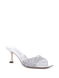 Find JIMMY CHOO Skye Glittered Leather Sandals on Editorialist. silver-tone calf leather metallic effect glitter detailing slip-on style square open toe branded footbed 70mm sculpted heel Heel 2,8 in / 7 cm Jimmy Choo Sandals, Magazine Vogue, Glitter Sandals, Leather Cap, Pumps Flat, Footwear Design Women, Designer Sandals, Flat Boots, Sneaker Heels