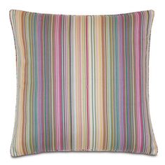 a multicolored striped pillow on a white background