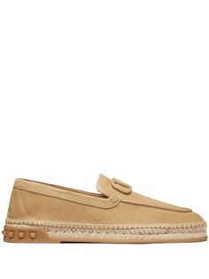 desert beige suede VLogo Signature tonal design almond toe slip-on style braided raffia sole Rockstud Heels, Blue Espadrilles, Double Strap Sandals, Leather Espadrilles, Espadrille Shoes, Derby Shoes, Metallic Logo, Lace Up Shoes, Strap Sandals