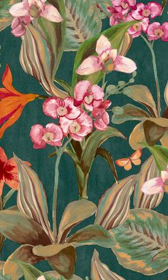 Hand painted orchids wallpaper Motif Tropical, Wallpaper For Sale, Tropical Wallpaper, Green Hand, Wallpaper Size, Tropical Birds, Tropical Pattern, Made To Measure Curtains, Bright Designs