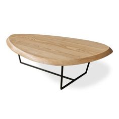 a wooden table with black metal legs and a wood top on an isolated white background