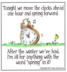 a drawing of an alarm clock with the words tonight we move the clocks ahead, one hour and spring forward