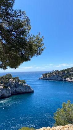 the blue water is surrounded by trees and rocks