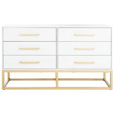 a white dresser with gold handles and drawers on it's sides, against a white background