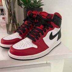 Great Condition Only Worn A Few Times. Comes With Original Shoe Trees And Red Unworn Laces. No Box Nike Air Jordan Mid, Black And White Jordans, High Top Jordans, Jordan 4 Bred, Red High Tops, Air Jordans Women, Red Jordans, White Jordans, Red Black Style