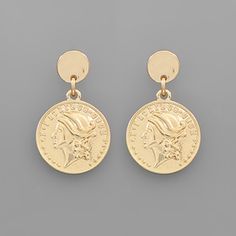 Dangling Coin Earrings * Crafted From Metal * Features A Post Closure * Length: 1 1/4 Inches Coin Shaped Earrings As A Gift, Coin Earrings Gold, Gold Coin Earrings, Pearl Pendant Earrings, Bottle Earrings, Brass Hoop Earrings, Coin Earrings, Chakra Jewelry, Gold Coin