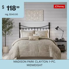 The Madison park clayton 7 piece printed seersucker comforter set offers a chic modern update to your bedroom. This comforter set features a pieced, textured printed seersucker weave design for a updated transitional allure. Two matching shams repeat the style of the comforter, while two square pillows and one oblong decorative pillow add dimension and comfort to the bed. A solid bed skirt adds the finishing touch to complete the contemporary comforter set. Hypoallergenic polyester filling in t… Solid Bed, Square Pillows, Bed Skirt, The Madison, Madison Park, Comforter Set, Comforter Sets, Square Pillow, Bedding Sets