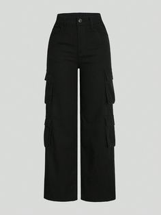 Negro  Collar  Mezclilla Liso Pierna recta Embellished No-Elástico Straight Black Pants, Cargo Jeans Black, Black Jeans Straight, Black Cargo Jeans, Tomboyish Outfits, Black Cargos, Straight Black Jeans, Capsule Wardrobe Women, Modest Casual Outfits