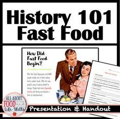 an advertisement for the history of fast food, with a man and woman cooking together