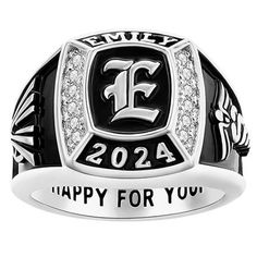 Delight your graduate with this beautiful Silver plated class ring. Our design showcases her initial accented with 12 birthstones in the color of your choice. Enhance the customized look with her name, sports, clubs and other interests to create a ring completely unique to her. Include a personal message to her along the inside band. This school ring is a special gift that she will always treasure. Personalization cannot contain any special characters, emojis or shapes. Class Rings College, School Rings, College Classes, Special Words, Sports Clubs, White Band, Special Characters, Types Of Rings, Signet Ring