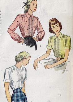 1940s Womens Back Buttoned Blouse with Collar & Sleeve Variations Simplicity Sewing Pattern 2224 Size 16 Bust 34 FF Sewing Patterns Classic Fitted Padded Blouse, Fitted Blouse With Set-in Sleeves For Work, Fitted Vintage Padded Blouse, Daywear Tops With Peter Pan Collar And Buttons, Stretch Collared Blouse With Buttons, Fitted Retro Workwear Blouse, Classic Stretch Blouse With Buttons, Peter Pan Collar Top For Daywear, Retro Fitted Collared Blouse