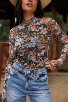 Astrid Floral Mesh Long Sleeve Top Floral Top Outfit, 2024 Family, Concert Dresses, 12th Tribe, Denim And Diamonds, Mesh Long Sleeve Top, Bridal Tops, Fall Wedding Guest Dress, Top Wedding Dresses