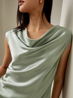 Minimalist Design Cowlneck Sleeveless Blouse | Must-Have Silk Tops Green Silk Top, Cowl Neck Shirt, Wide Leg Jeans Cropped, Scrub Corpo, Blouse Man, Straight Leg Jeans Men, Tailored Clothes, Corporate Outfits, Silk Outfit