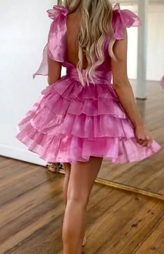 # DTH326 * DESCRIPTION Short dress with ruffle skirt * ATTRIBUTES Short A-line Fun Hoco Dresses, Pink Party Outfit, Unique Hoco Dresses, Senior Hoco, Senior Homecoming, Hot Pink Mini Dress, Cute Formal Dresses, Cute Homecoming Dresses, Hoco Dress