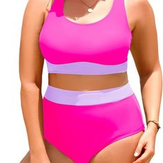 Aqua Eve Plus Size Two Piece High Waisted Bikini Swimsuit. Fabric Type: 85% Polyester, 15% Spandex; Closure Type: Elastic; Top Style: Push Up; Neck Style: Scoop Neck. Plus Size Two Piece Swimsuits: The Sporty Scoop Neck Bikini Tops Feature Soft Cups And An Elastic Wide Band Under The Bust, Ensuring Your Breasts Are Well-Supported Plus Size High Waisted Bikini Set: High Waisted Bikini Is Perfect For Those Who Want To Hide Their Belly And Achieve A Tummy Control Effect While Still Feeling Comforta Purple Lined Swimwear For Poolside, Purple Lined Swimwear For Beach Season, Purple Sleeveless Tankini For Poolside, Purple Sleeveless Tankini For Beachwear, Fitted Purple Sports Swimwear, Purple Sleeveless Beachwear Tankini, Purple Sleeveless Swimwear For Pool, Purple Color Block Swimwear For Beach Season, Purple Stretch Tankini For Swimming