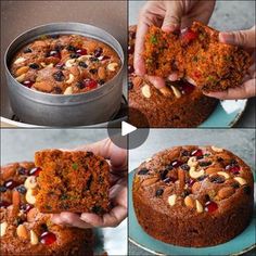 there is a collage of pictures showing how to make a cake with nuts and other things