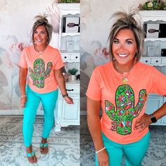 For spring, summer, Cinco, and all year round! Heather coral t-shirt. ﻿50% Polyester, 25% Cotton,... Cactus Graphic, Rachel Clark, Play Clothes, Spring Outfit, Chic Outfits, Cactus, Shopping Outfit, Graphic Tees, Coral