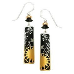 Adajio Sunrise Etched Silver to Gold Overlay Black Column Pierced Earrings - Belle Fleur Boutique Black Drop Earrings For Summer, Black Dangle Jewelry For Summer, Black Dangle Earrings For Summer, Colorado Artists, Gold Overlay, White Gift Boxes, Pierced Earrings, Ancient Art, Black Beads