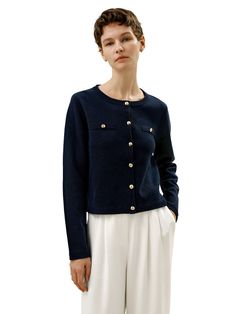 It features a round collar, two patch pockets, and gold-toned buttons embellished with the LILYSILK crest. Combining comfort and elegance, it creates a stylish, structured silhouette. Ideal for daytime or office wear, mix and match it with a jumper and skirt. 100% Merino Wool, gentle on the skin Slim silhouette Logo-engraved button closure Straight hem Nautical-style Fall Outerwear With Gold Buttons Button-up, Gold Button-up Outerwear For Fall, Classic Button-up Outerwear With Gold Buttons, Fall Button-up Outerwear With Gold Buttons, Fall Outerwear With Gold Buttons And Button-up Shape, Classic Outerwear With Gold Buttons, Gold Button-up Outerwear For Work, Gold Long Sleeve Outerwear With Button Closure, Gold Buttoned Outerwear For Winter