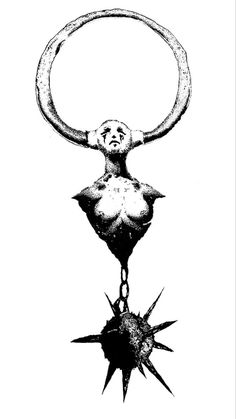 a black and white drawing of a demon hanging from a chain with his hands in the air