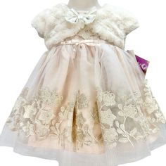 Blueberi Boulevard Child's 2-Piece Dress Size 12m Blush Gold With Embroidered Flowers, Back Bow, Beige Faux Fur Caplet. Cute Spring Or Easter Dress! Brand: Blueberi Boulevard Condition: Nwt Size: Child's 12m Color: Blush Features: Embroidered Flowers Button Back Bow Beige Faux Fur Caplet Dress Length 16 Inch Material: 100% Polyester Care: Turn Inside Out. Hand Wash Cold With Like Colors, Gentle Cycle. Do Not Bleach. Hang To Dry. Do Not Iron. Made In: China Original Price: $50.00 Tiffany's Treasu Elegant Spring Dress-up Sets, Fitted Princess Style Sets For Spring, Fitted Princess Style Spring Sets, Pink Short Sleeve Winter Dresses, Pink Dress-up Sets For Spring, Toddler Christmas Dress, White Gold Dress, Pink Sleeveless Dress, Blush Gold