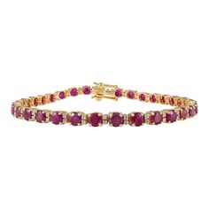 This is part of Chairish’s Fine Jewelry assortment.  This Natural Ruby and Diamond Tennis Bracelet in 18K gold showcases 9.27 carats endlessly sparkling natural ruby and 0.34 carats of diamonds. It measures 7 inches long in length.  Ruby improves mental strength.  Designed with perfect round cut ruby set in center with two diamonds after each ruby to make you stand out on any occasion or event. The elegant style complements the attire beautifully and is a perfect Engagement Gift, Bridal Shower G Perfect Engagement Gifts, Ruby Set, 18k Gold Bracelet, Bracelet Tennis, Ruby Birthstone, Ruby Bracelet, Modern Bracelets, Mother Daughter Gifts, Garnet Bracelet