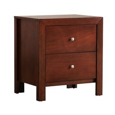 a wooden night stand with two drawers on one side and an open drawer on the other