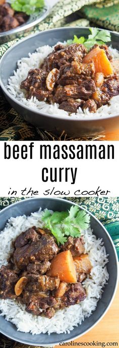 beef massaman curry in the slow cooker is an easy and delicious meal that's ready to be eaten