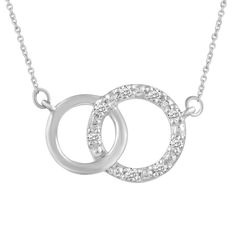 Double Circle 1/10 Cttw CZ Pendant Necklace set in 925 Sterling Silver Measurements Chain: 18" (extender at 16”) Metal Characteristics Metal: 925 STERLING SILVER stamped Solid Metal: Yes Plating: Rhodium Finish: High Polish Nickel-free: Yes Lead-free: Yes Cadmium-free: Yes Chain type: Cable Lock type : Spring lock Stone Characteristics Type: Cubic Zirconia Total weight: 1/10 Ctw Total number of stones: 8 Stone shape: Round Good to Know Country of origin: India Gift box included Silver Diamond Necklace For Anniversary, Sterling Silver Necklace In Diamond White For Mother's Day, Silver Cubic Zirconia Diamond Necklace For Mother's Day, Sterling Silver Diamond Pendant Necklace, Mother's Day Sterling Silver Pendant Diamond Necklace, Diamond White Sterling Silver Necklace For Mother's Day, Silver Diamond Necklace With Adjustable Chain And Round Cut, Silver Diamond Necklace With Diamond Accents For Mother's Day, Sterling Silver Diamond Necklace With Adjustable Chain