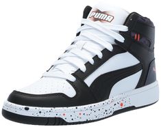 PRICES MAY VARY. BOLD DESIGN: Combining retro and futuristic basketball-inspired style, this sleek sneaker features a perforated forefront, clean lines and the iconic PUMA Formstrip to have you commanding attention both on and off the court. ENHANCED TECHNOLOGY: Utilizes PUMA's SoftFoam+, a step-in comfort sockliner designed to provide soft cushioning thanks to its extra thick heel. COMFORT AND SUPPORT: Synthetic leather upper along with a durable cupsole tooling ensures a comfortable and suppor Retro Synthetic High-top Sneakers For Sports, Modern Skate Shoes With Perforations For Sports, Modern Skate Shoes With Perforations, White Retro High-top Basketball Sneakers, High-top Synthetic Basketball Shoes With Speckled Midsole, Synthetic Skate Shoes With Perforations For Streetwear, Streetwear Synthetic Skate Shoes With Perforations, Urban High-top Sneakers With Perforations, Puma Lace-up Basketball Shoes In Synthetic